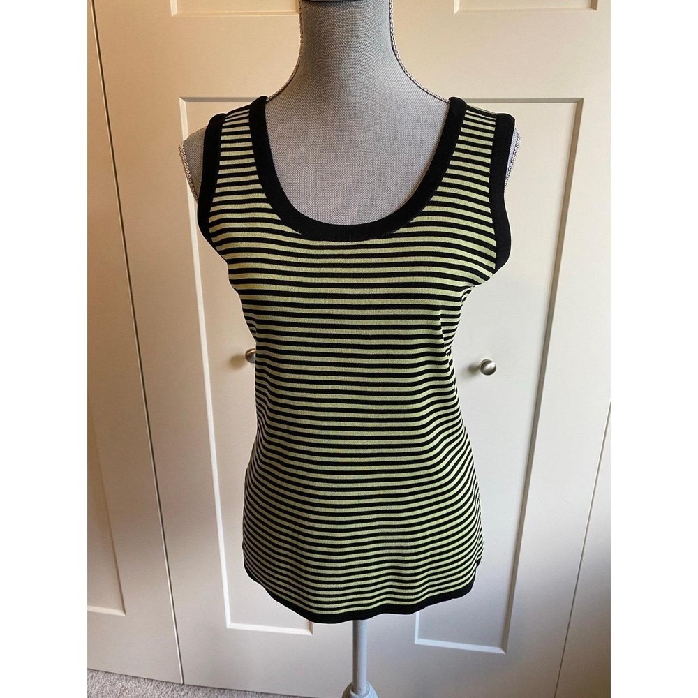 Misook Quiet Luxury Top Sleeveless Small Striped Green Black Travel Staple sku16